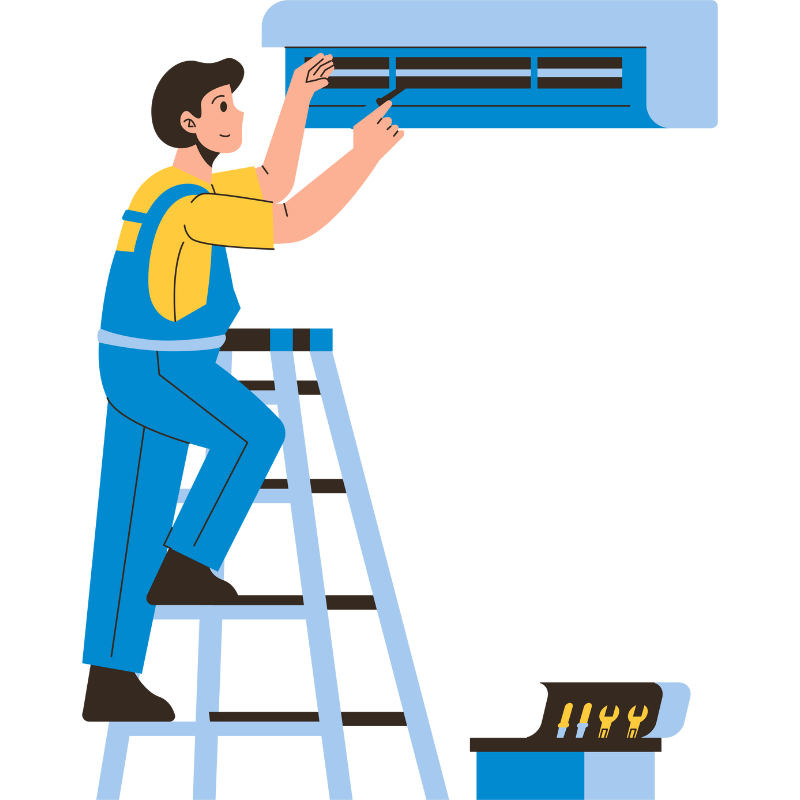 Illustration d'un technicien en climatisation effectuant une installation professionnelle.