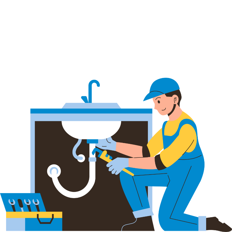 Plombier travaillant sous un évier, effectuant des réparations avec des outils.