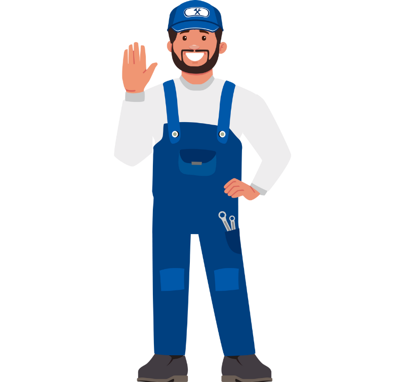 Plombier en bleu de travail souriant.